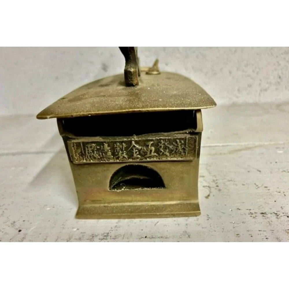 Vintage Chinese Brass Charcoal Silk Iron with Wood Handle Asian Decor VG!